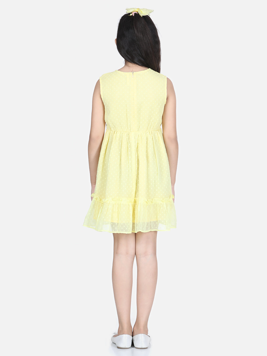 Girls Yellow Polyester Self Design Dress with Net and Lace Inserts