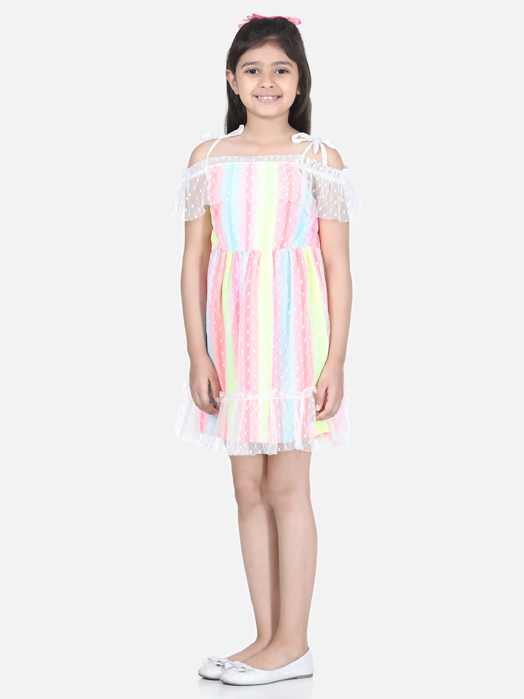 Girls Multi Coloured Cold Shoulder Dress with Lace Detail