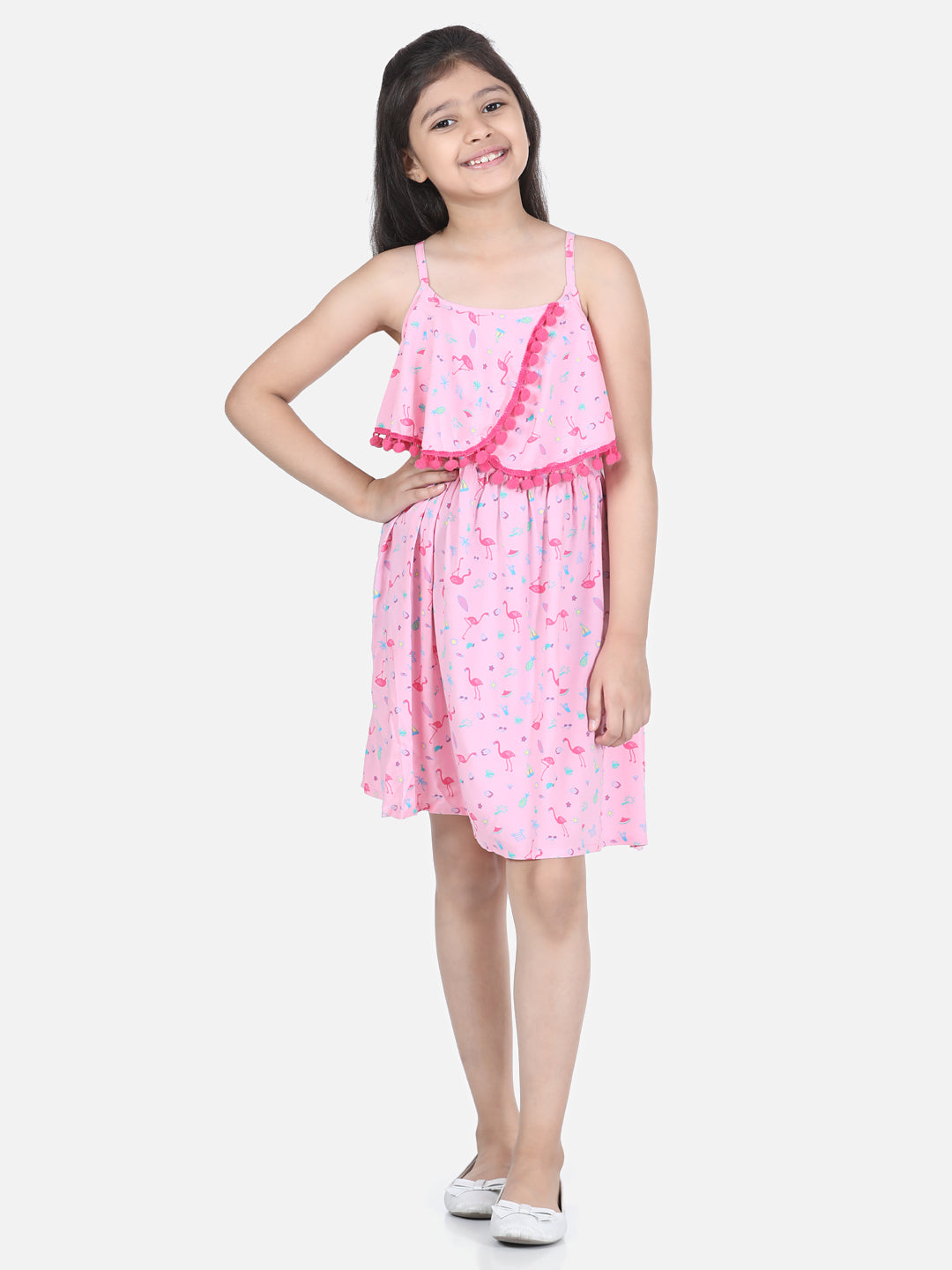 Girls Pink Flamingo Printed Dress with Pom Pom Details