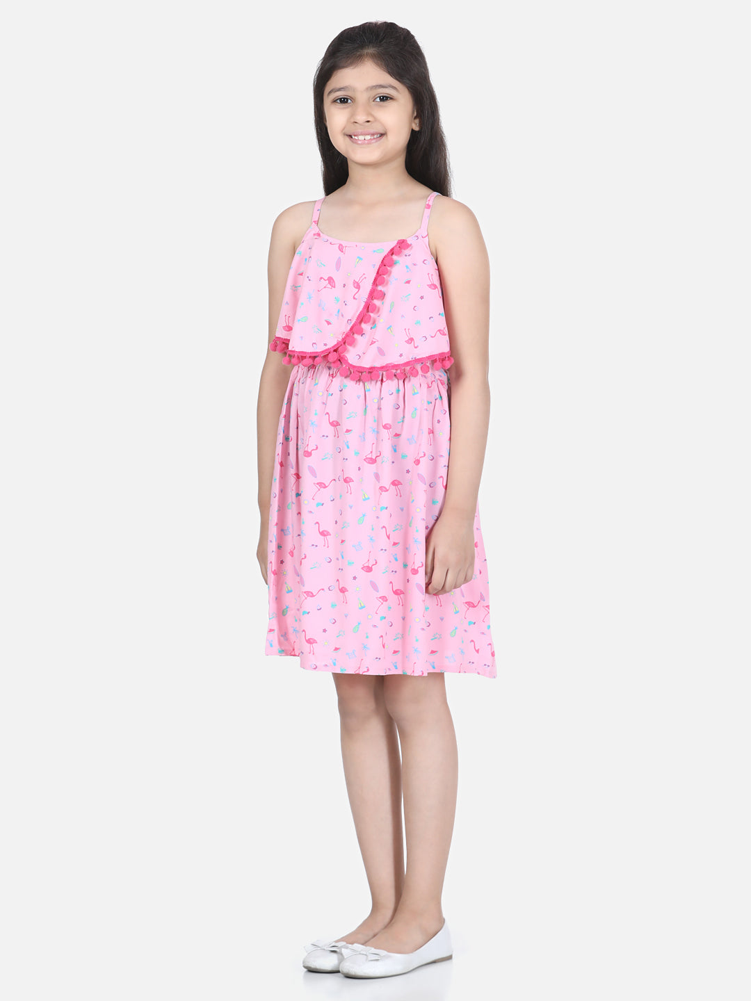 Girls Pink Flamingo Printed Dress with Pom Pom Details