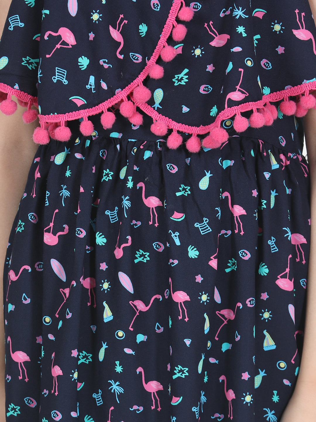 Girls Black Flamingo Printed Dress with Pom Pom Details