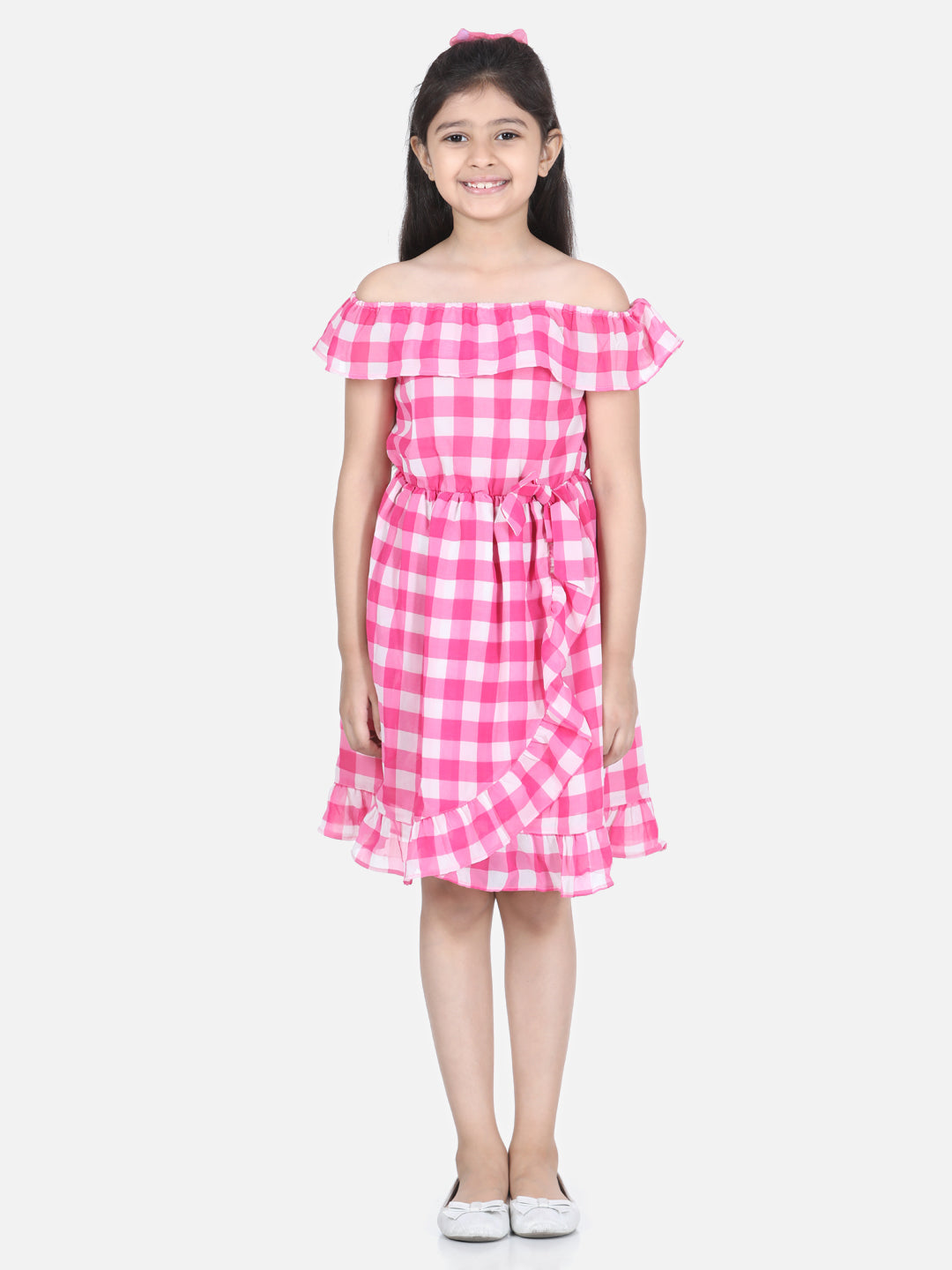 Girls Pink Check Polyester Off Shoulder Dress