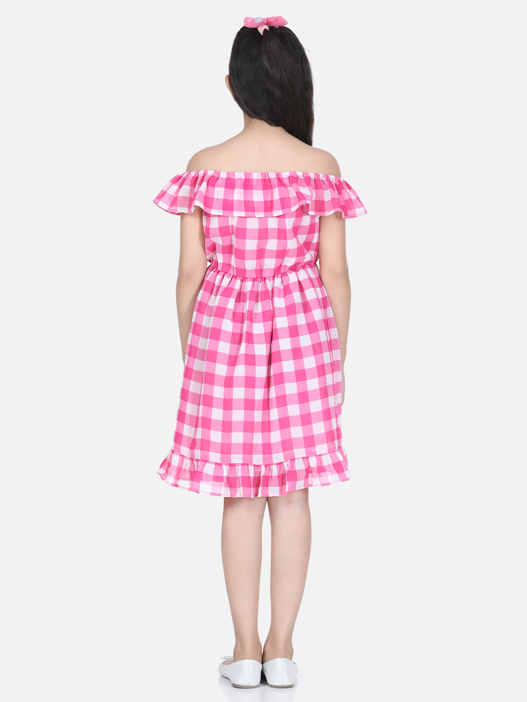 Girls Pink Check Polyester Off Shoulder Dress