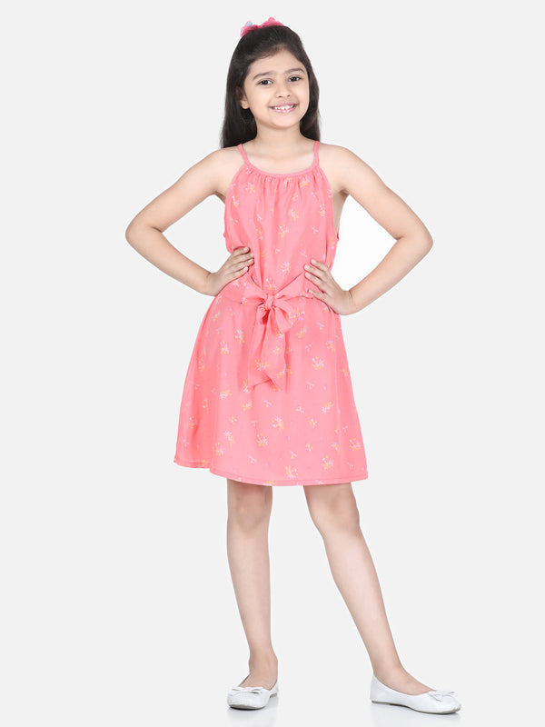 Girls Coral Floral Front Tie Knot Dress