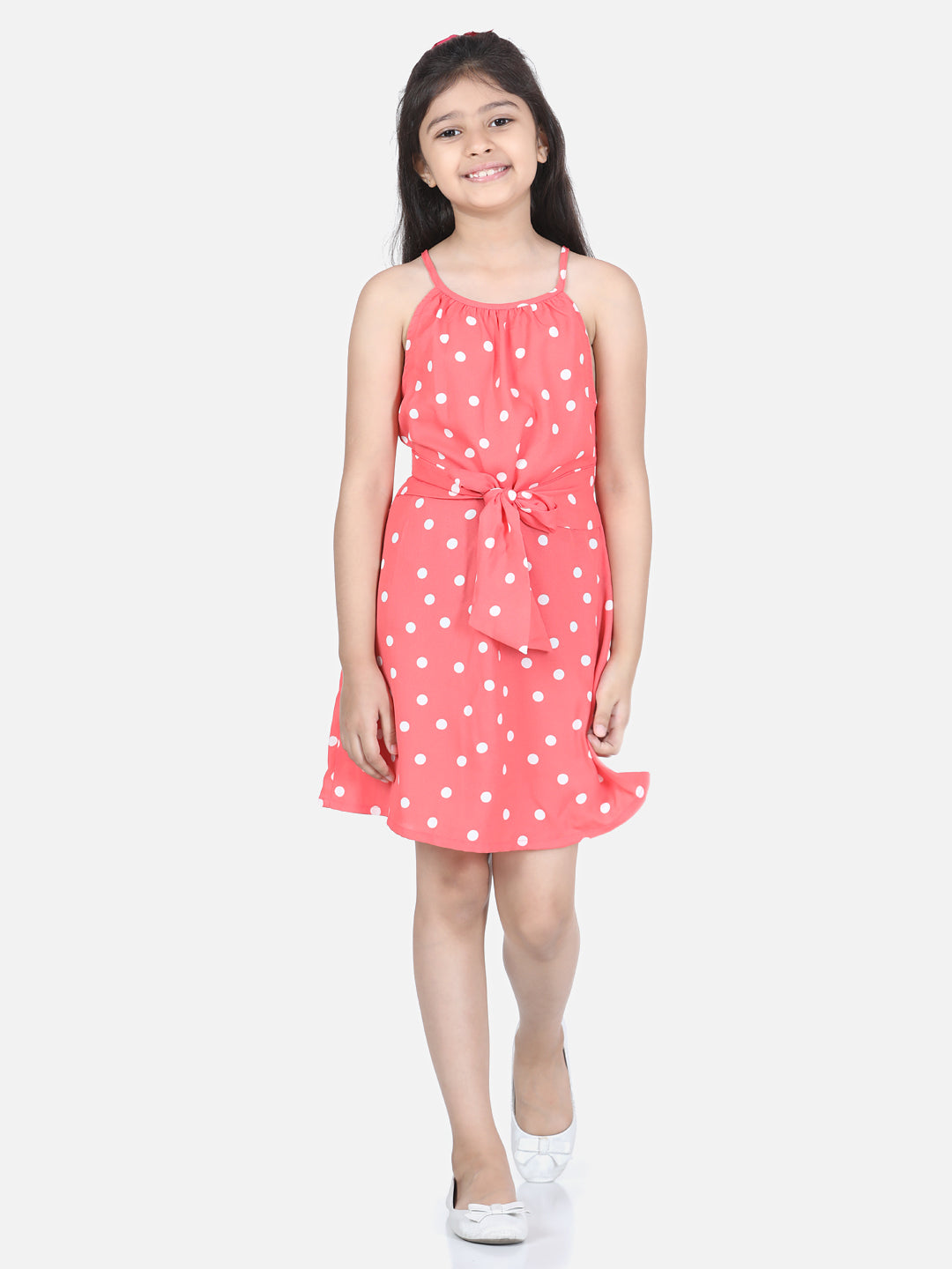 Girls Coral Polka Front Tie Knot Dress