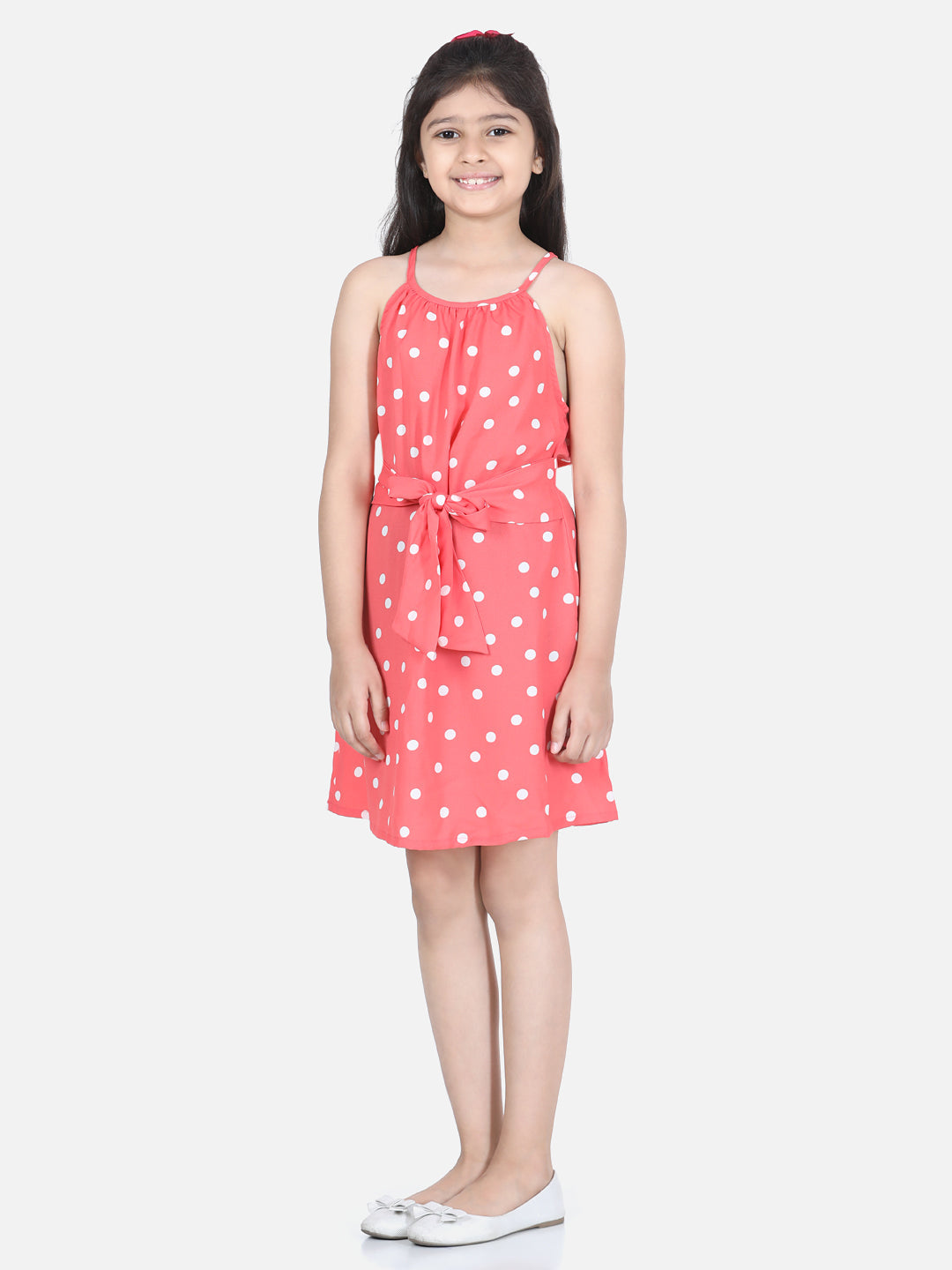 Girls Coral Polka Front Tie Knot Dress