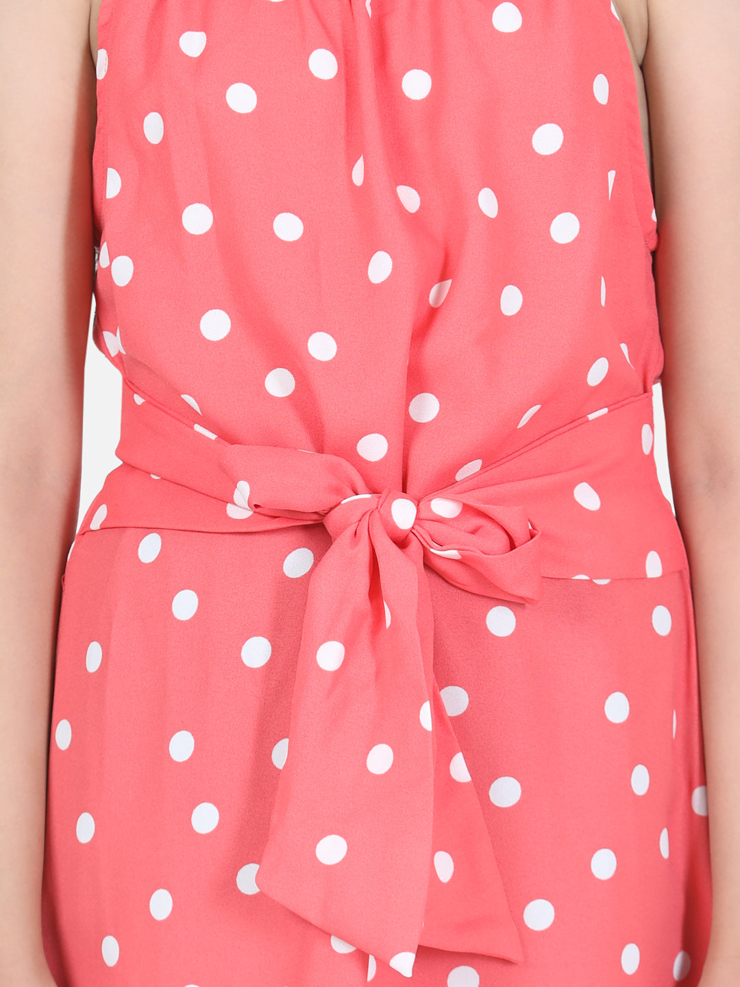 Girls Coral Polka Front Tie Knot Dress