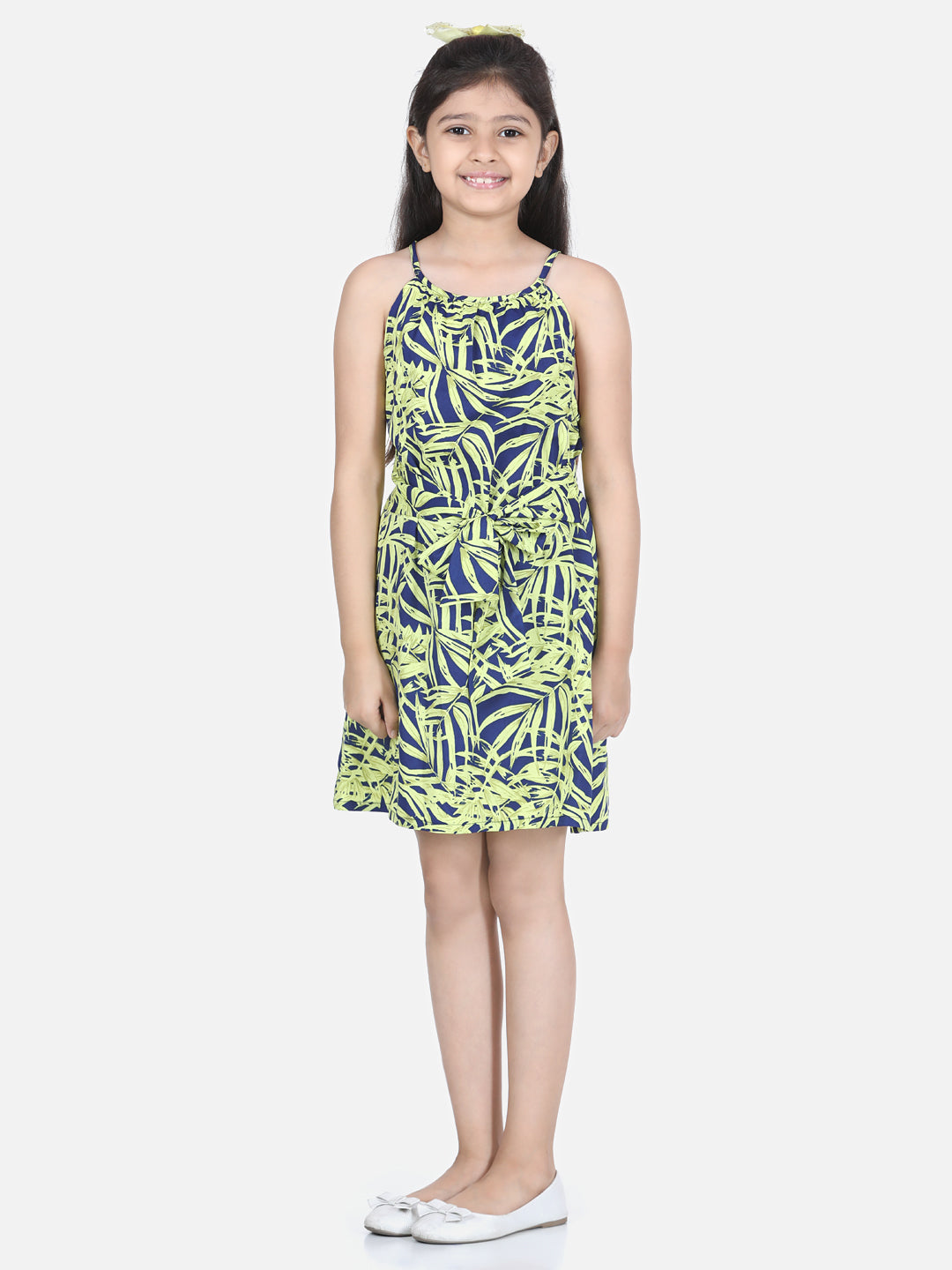 Girls Blue and Yellow Printed Front Knot Dress
