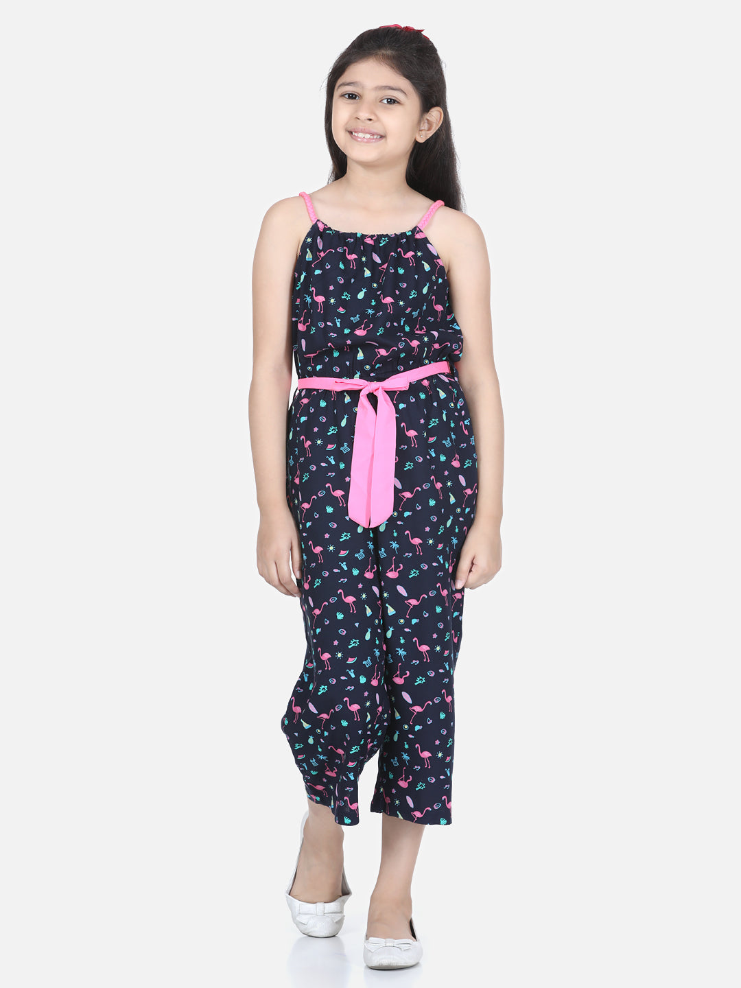 Girls Flamingo Printed Jumpsuit with Pink Belt