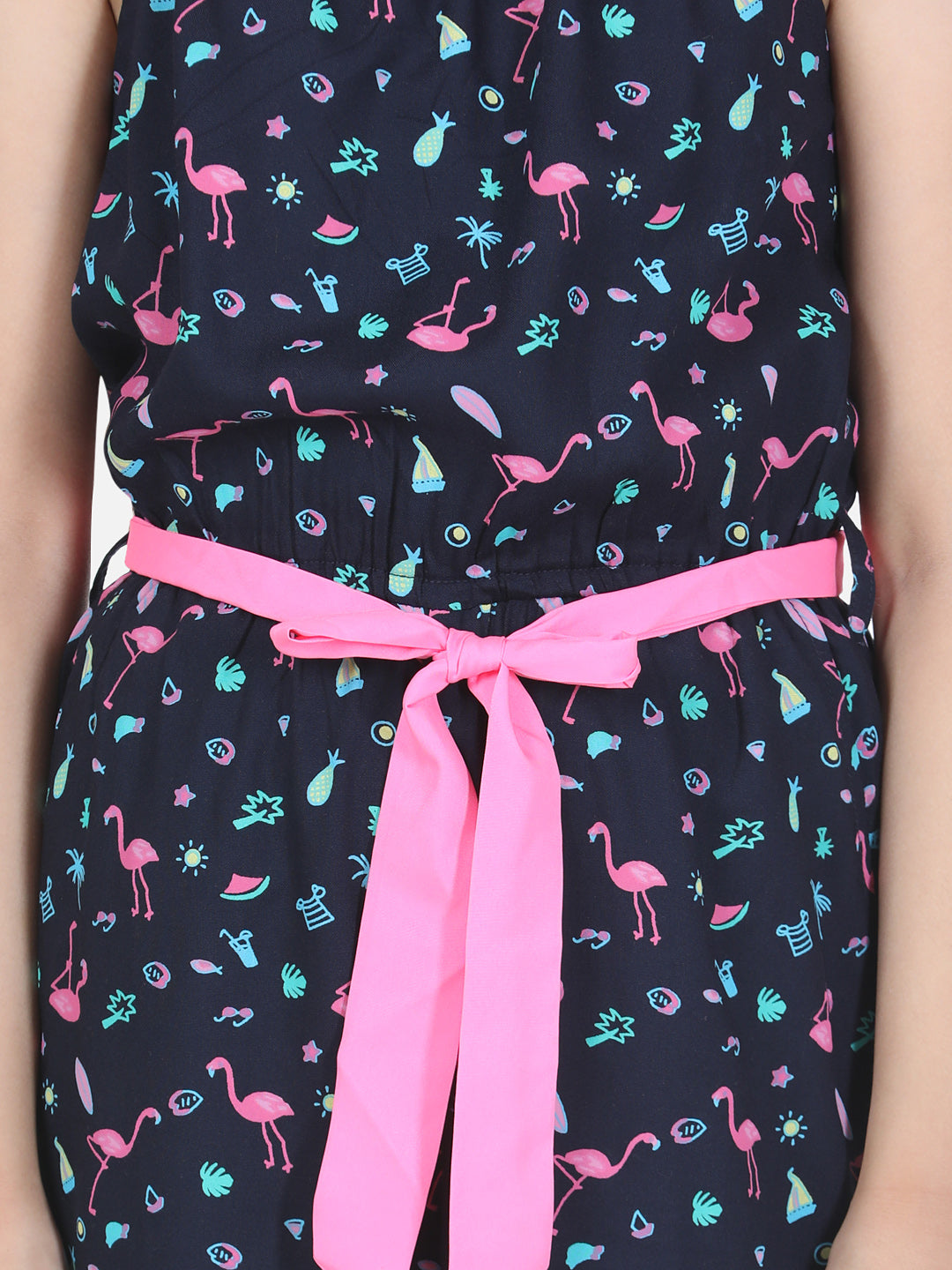 Girls Flamingo Printed Jumpsuit with Pink Belt