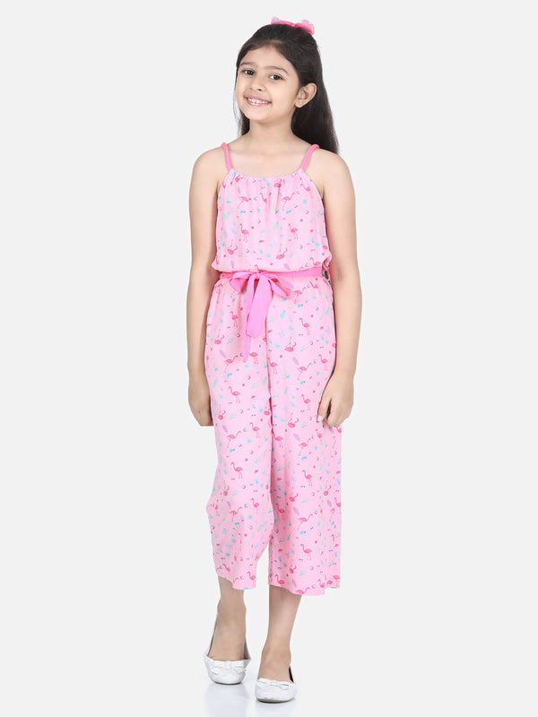 Girls Flamingo Printed Jumpsuit with Pink Belt