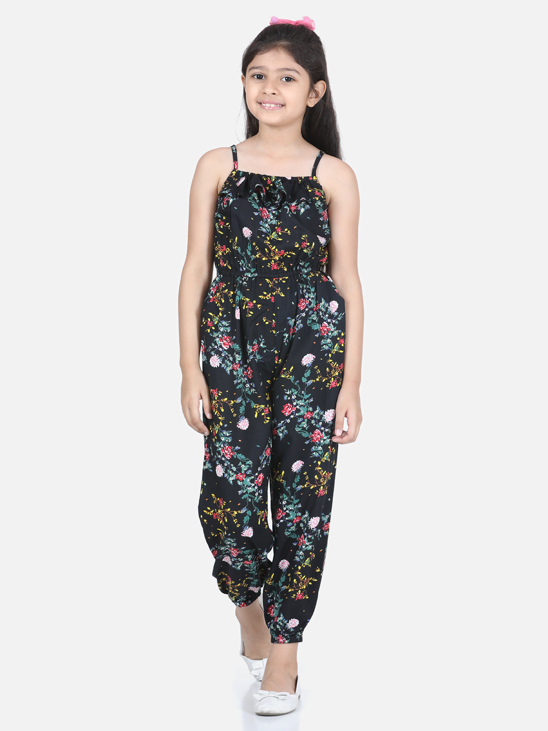 Girls Floral Print Black Printed Jumpsuit