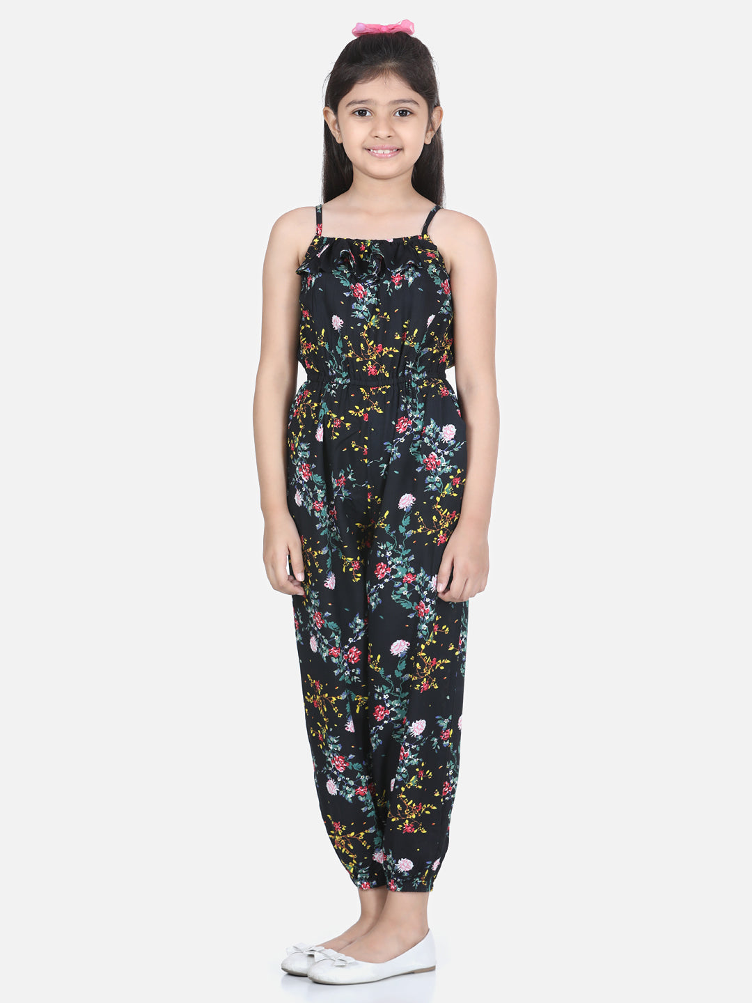 Girls Floral Print Black Printed Jumpsuit