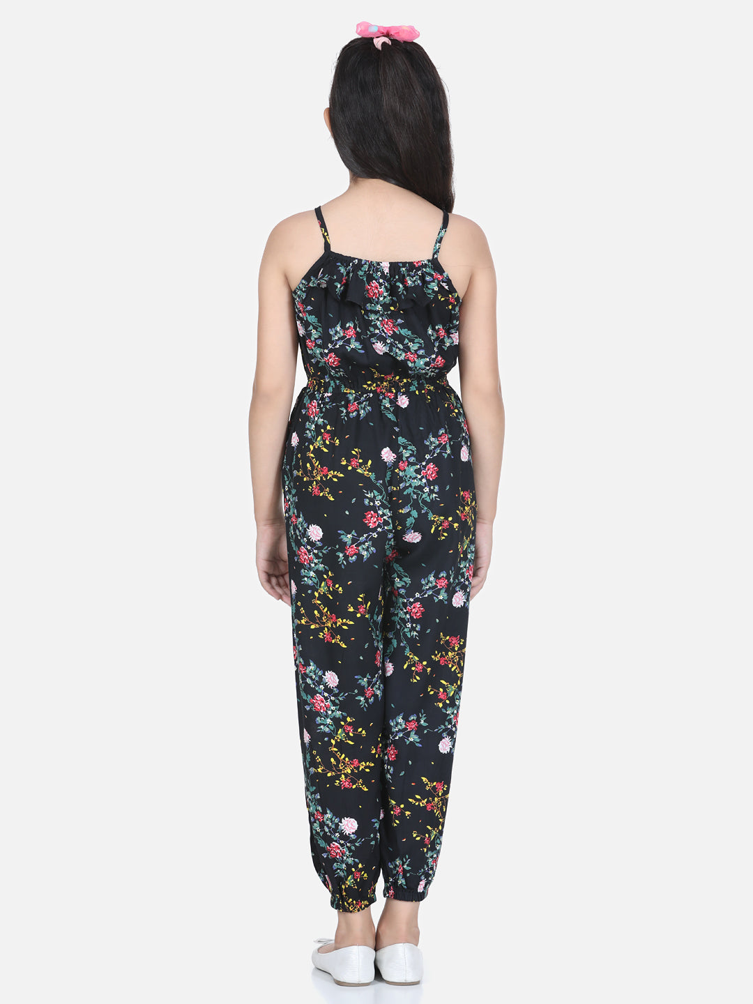 Girls Floral Print Black Printed Jumpsuit