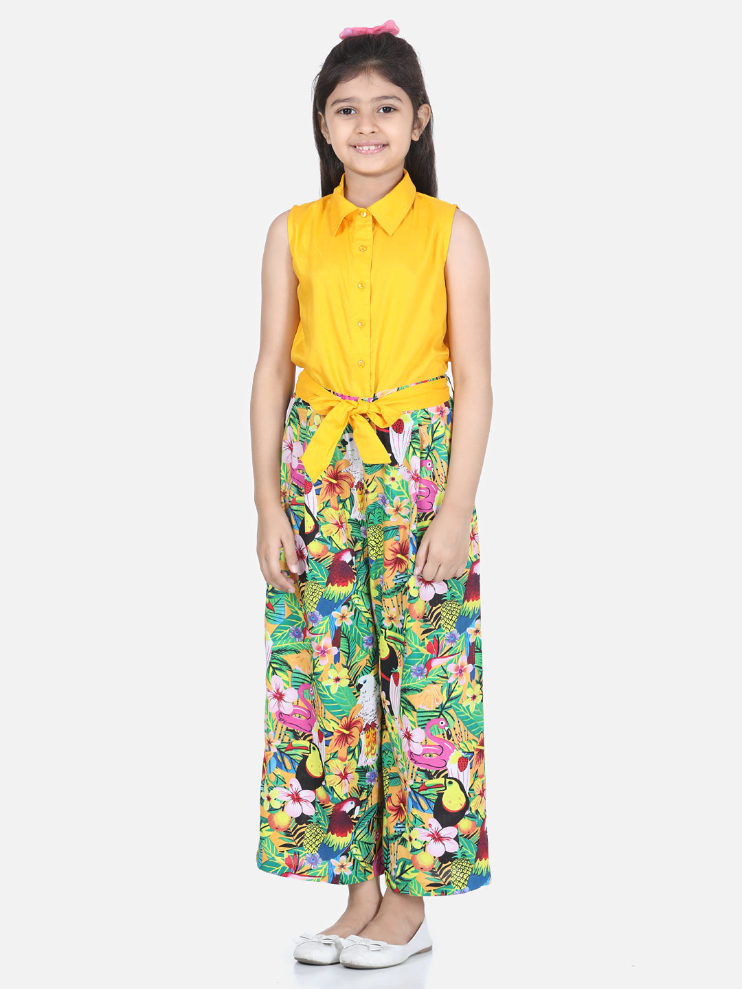 Girls Yellow Printed Jumpsuit