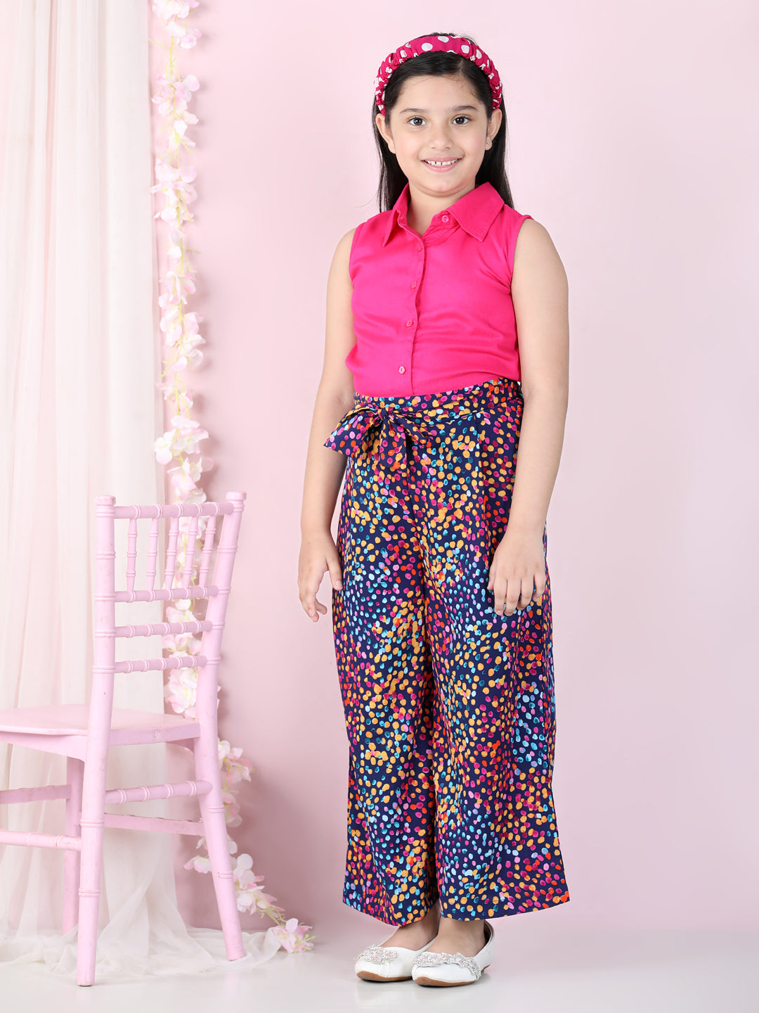 StyleStone Girls Pink and Multicolored Rayon Jumpsuit