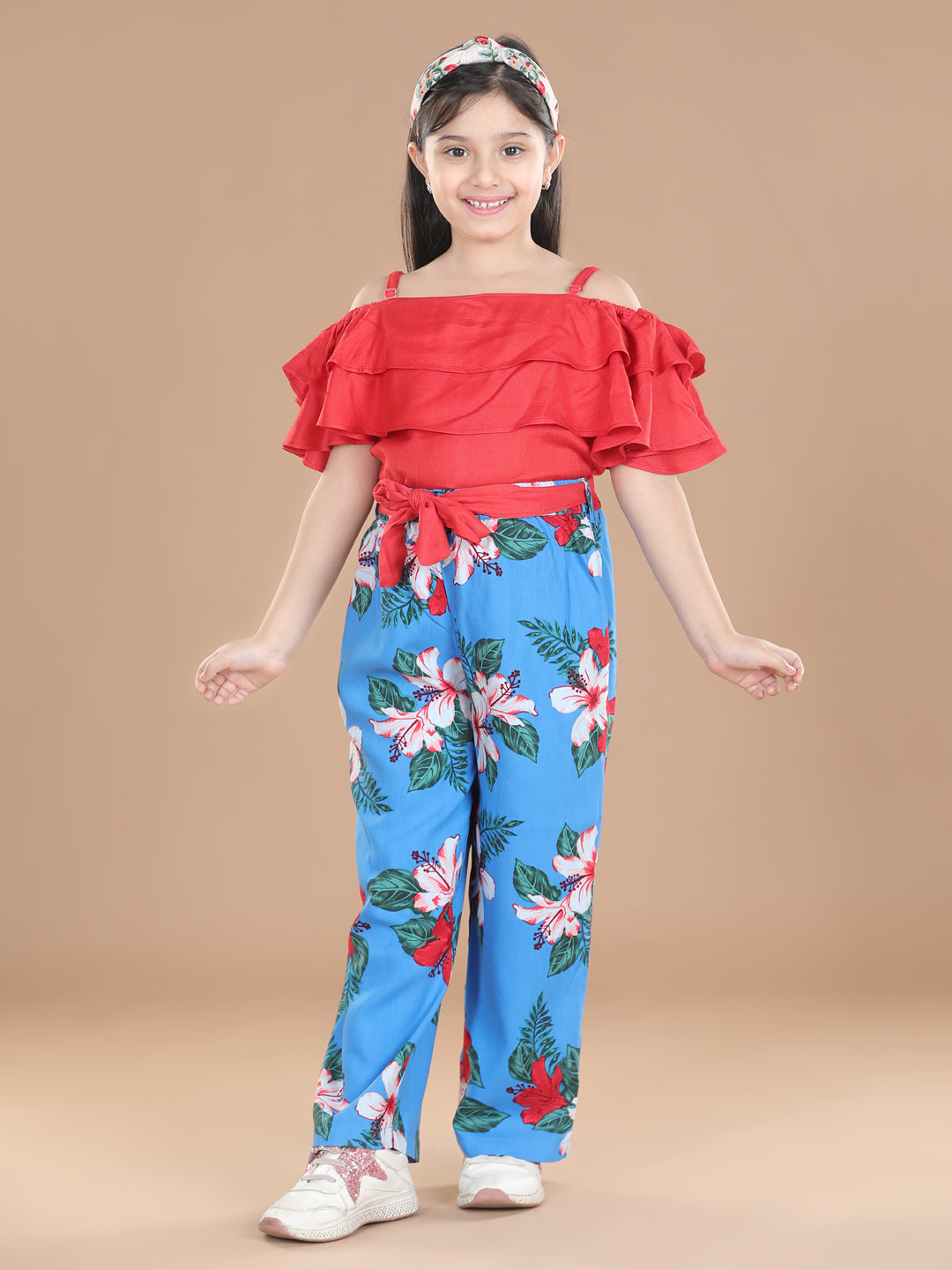 StyleStone Girls Blue Floral Trousers and Solid Top Set
