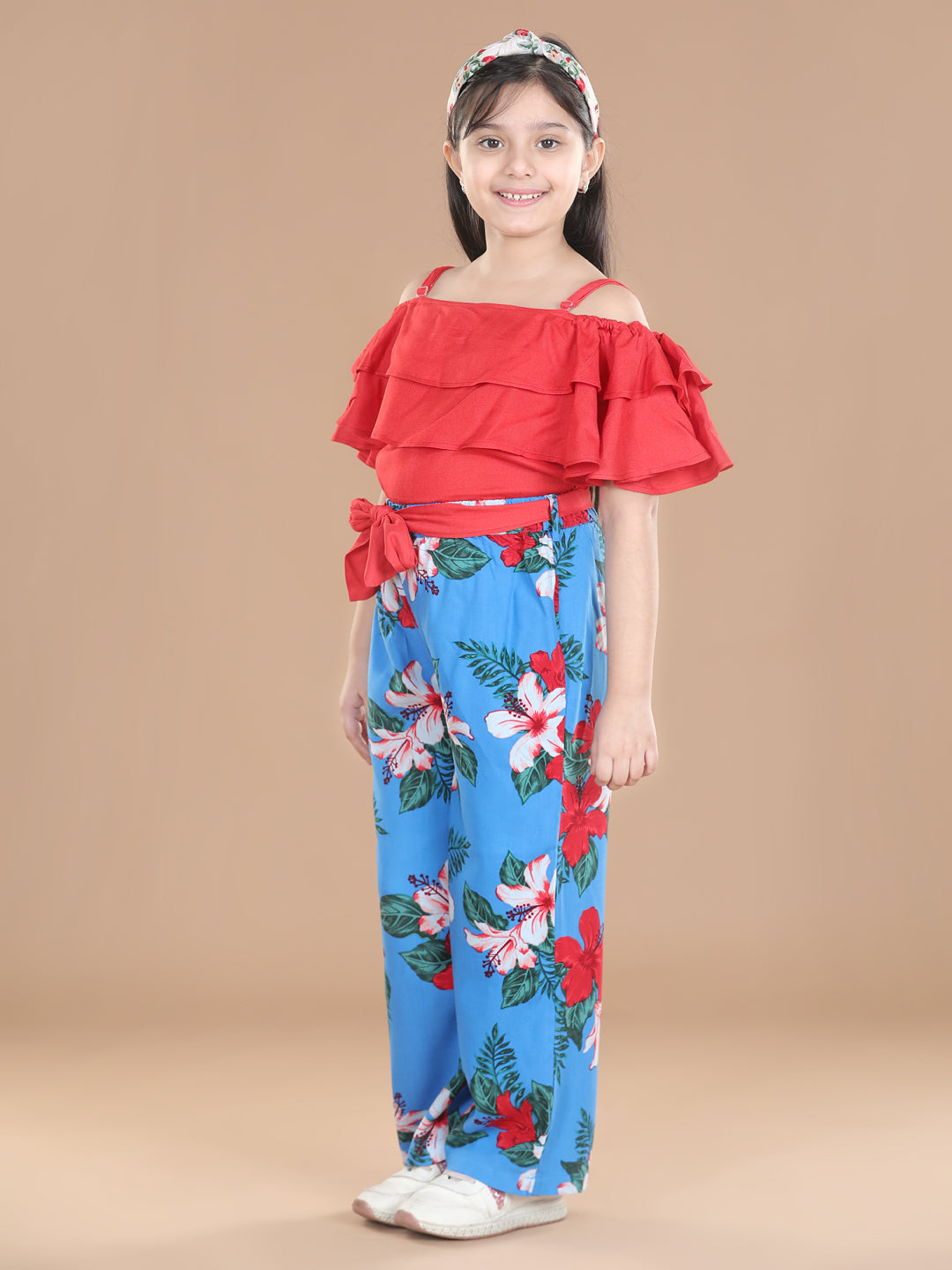 StyleStone Girls Blue Floral Trousers and Solid Top Set