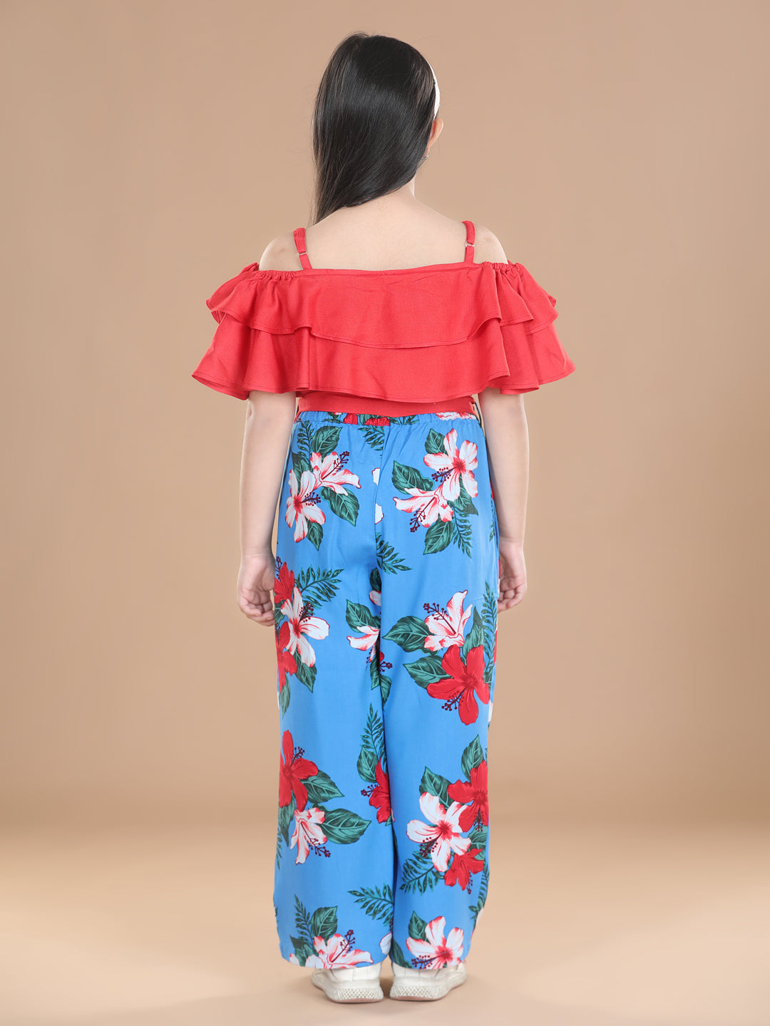 StyleStone Girls Blue Floral Trousers and Solid Top Set