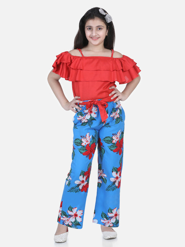 Girls Red and Blue Floral Printed Top and Trouser Set