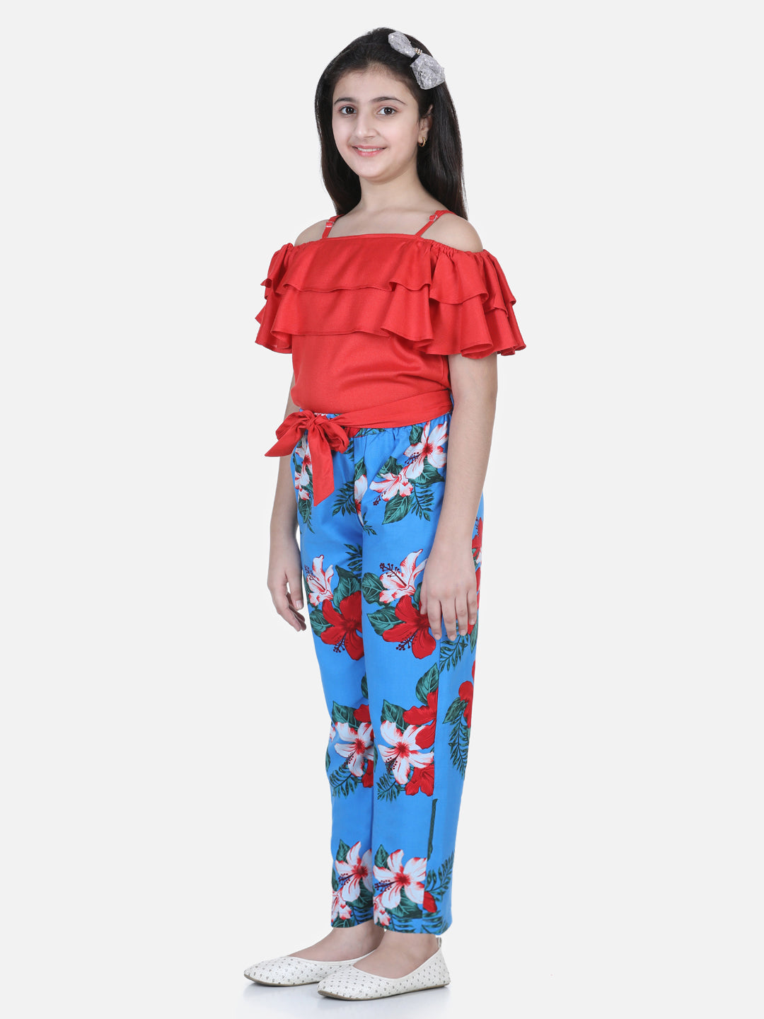 Girls Red and Blue Floral Printed Top and Trouser Set