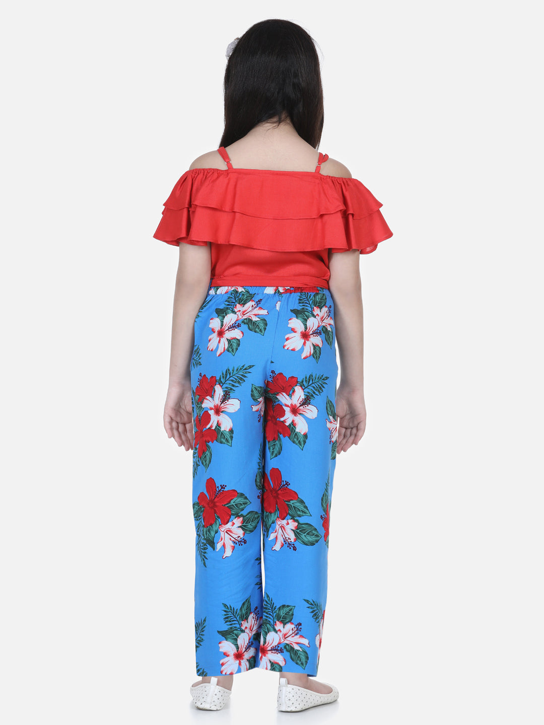Girls Red and Blue Floral Printed Top and Trouser Set