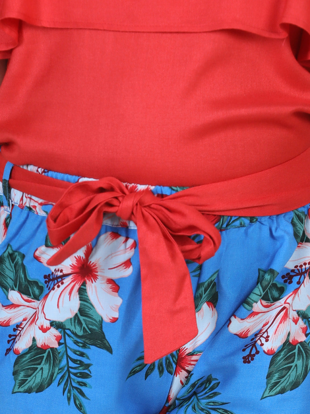 Girls Red and Blue Floral Printed Top and Trouser Set