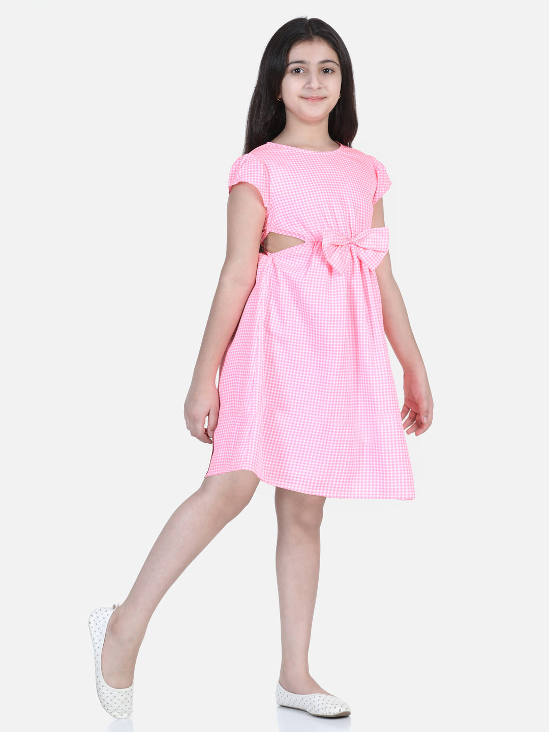 Girls Pink Check Side Slit Dress