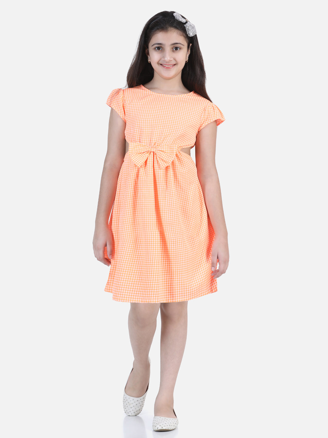 Girls Orange Check Side Slit Dress