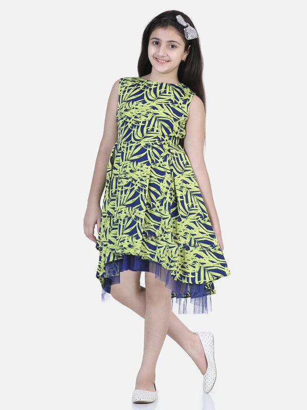 Girls Yellow and Blue Printed Hi-Lo Dress with Net Inset