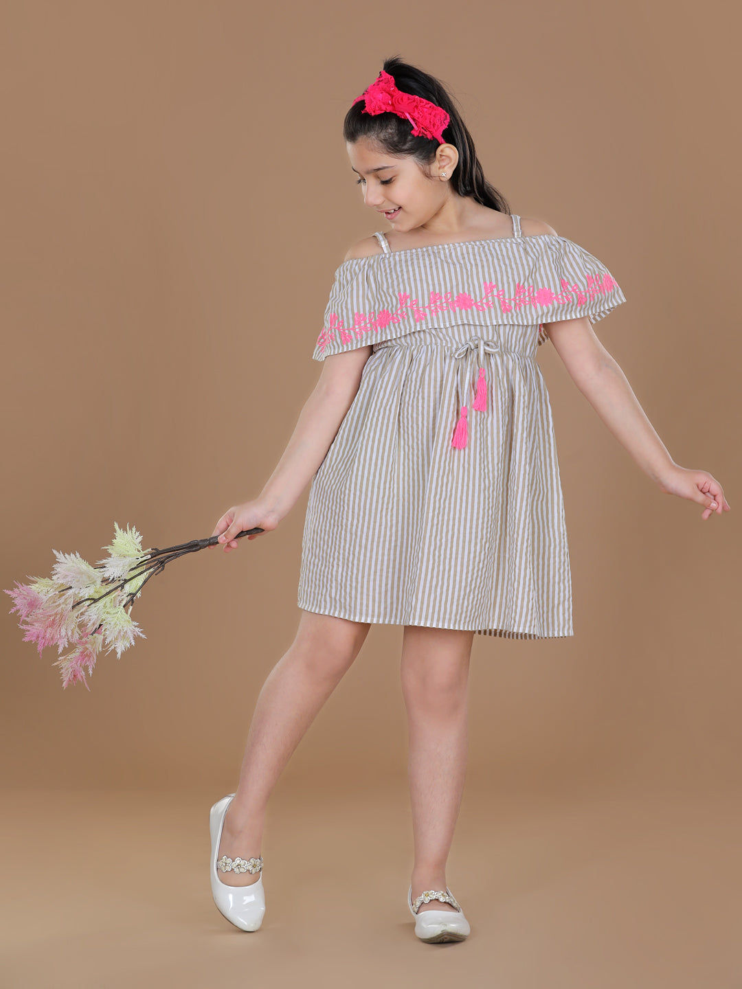 StyleStone Girls Beige OffShoulder Dress with Pink Embroidery