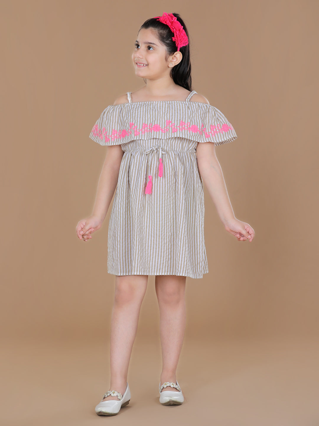 StyleStone Girls Beige OffShoulder Dress with Pink Embroidery