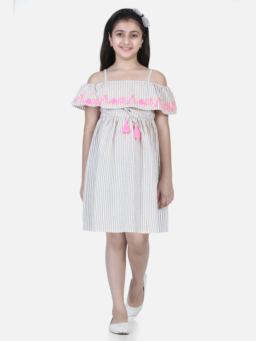 Girls Beie OffShoulder Dress with Pink Embroidery