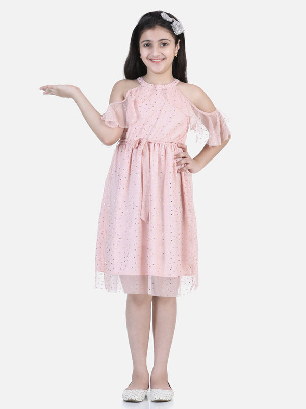 Girls Pink Star Print Net Cold Shoulder Dress