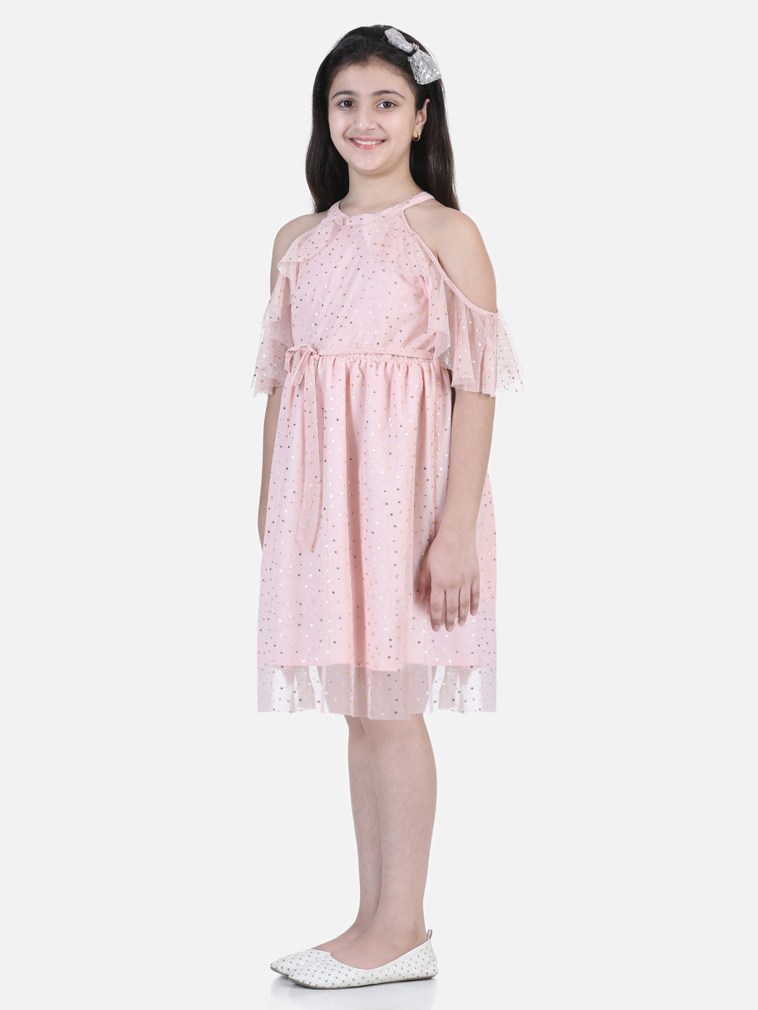 Girls Pink Star Print Net Cold Shoulder Dress