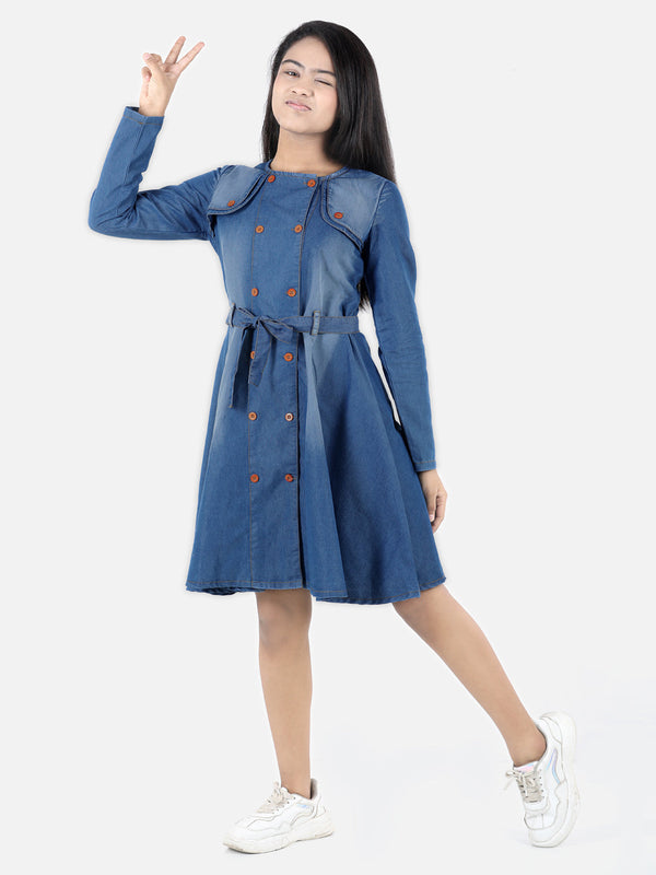 Girls Denim Long Sleeve Dress with Shoulder detail