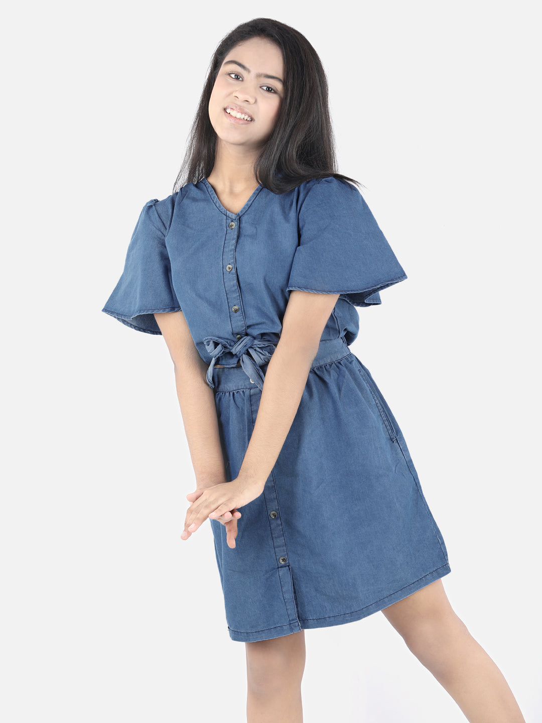 Girls Denim Dress with attached Tie knot style top