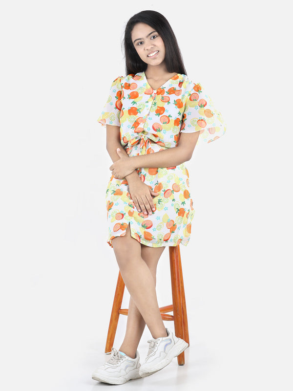 Girls Polyester Printed Dress with attached Tie knot style top