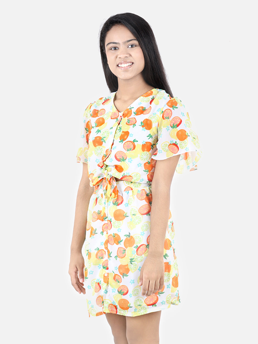 Girls Polyester Printed Dress with attached Tie knot style top