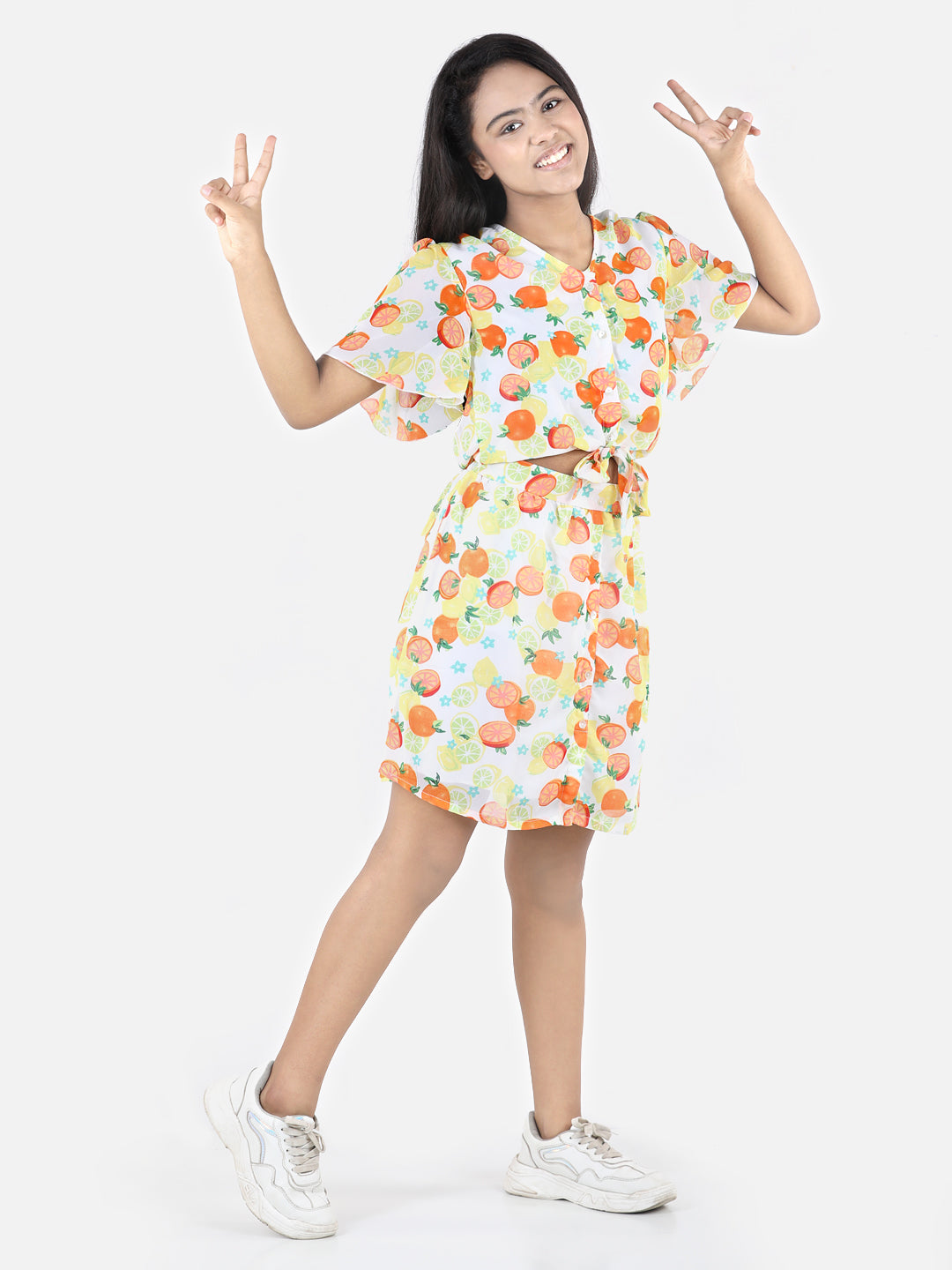 Girls Polyester Printed Dress with attached Tie knot style top
