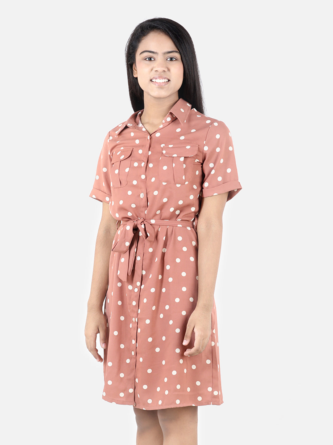 Girls Brown Polyester Polka Shirt Dress