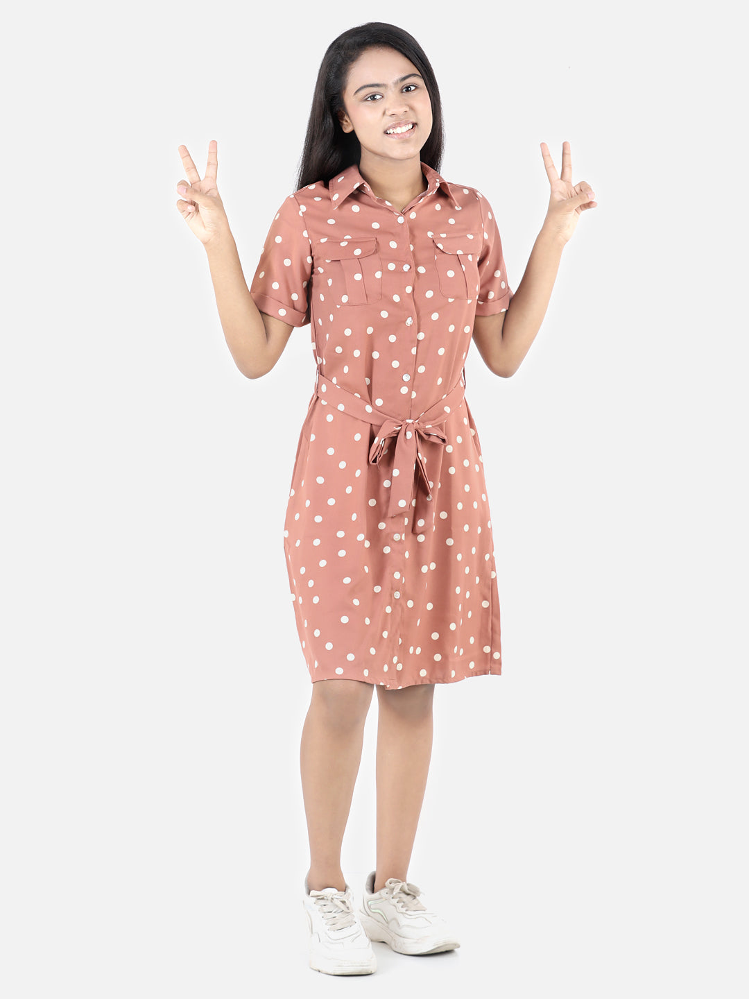 Girls Brown Polyester Polka Shirt Dress