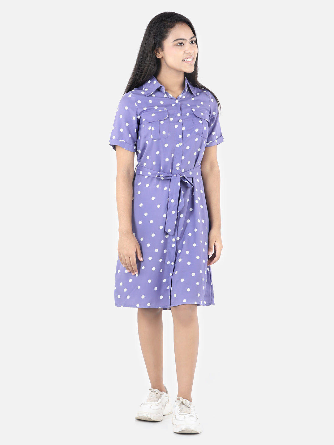 Girls Lavender Polyester Polka Shirt Dress