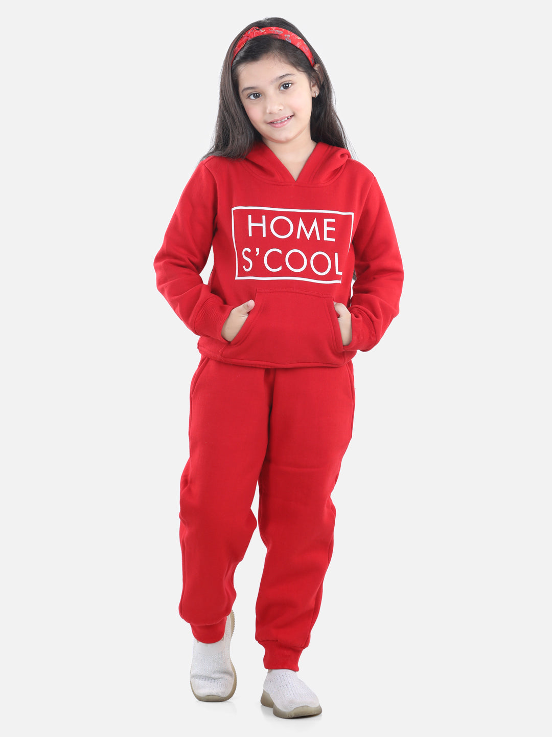 Girls Red Home S'Cool Printed Hooded Track Suit Set