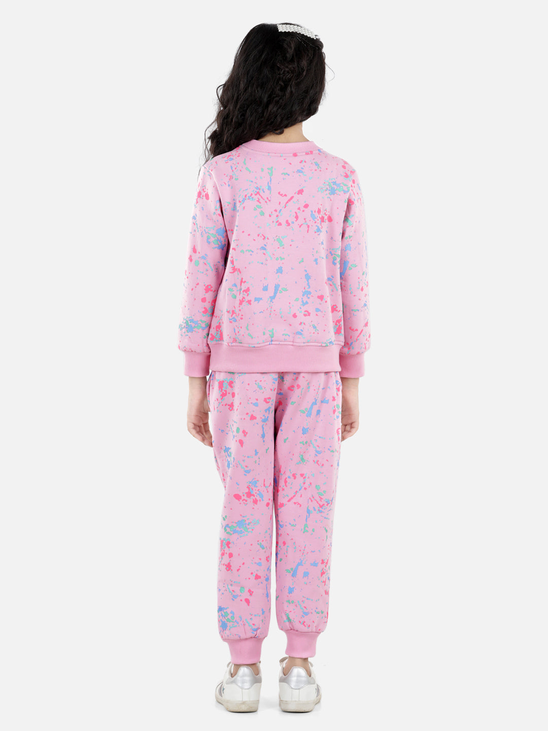 Girls Light Pink Base Splash Printed Track Suit Set