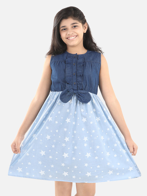 Girls Denim and Cotton Star Print Dress