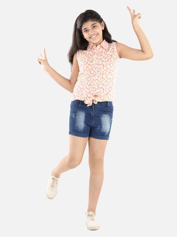 Girls Printed Tie Knot Top and Denim Shorts Set