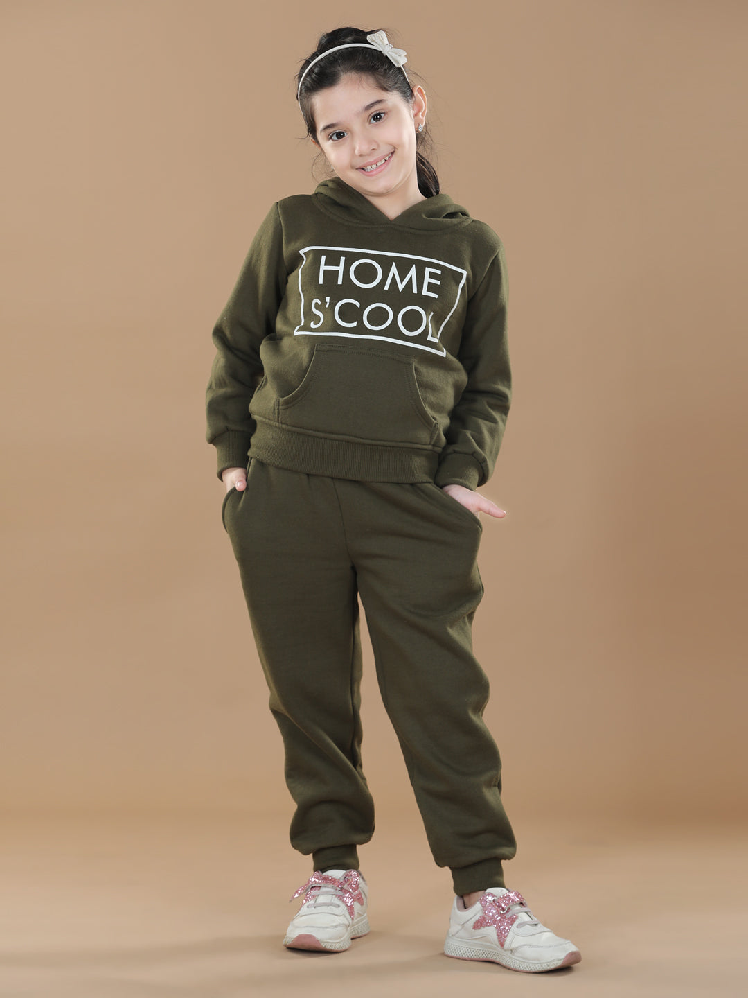 Girls Olive Home S'Cool Printed Hooded Track Suit Set