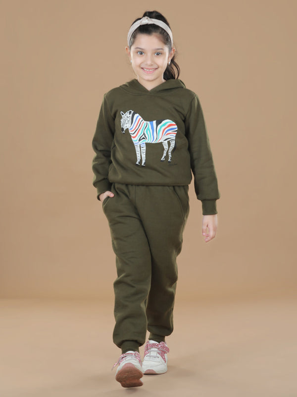 Girls Olive Zebra Printed Hooded Track Suit Set