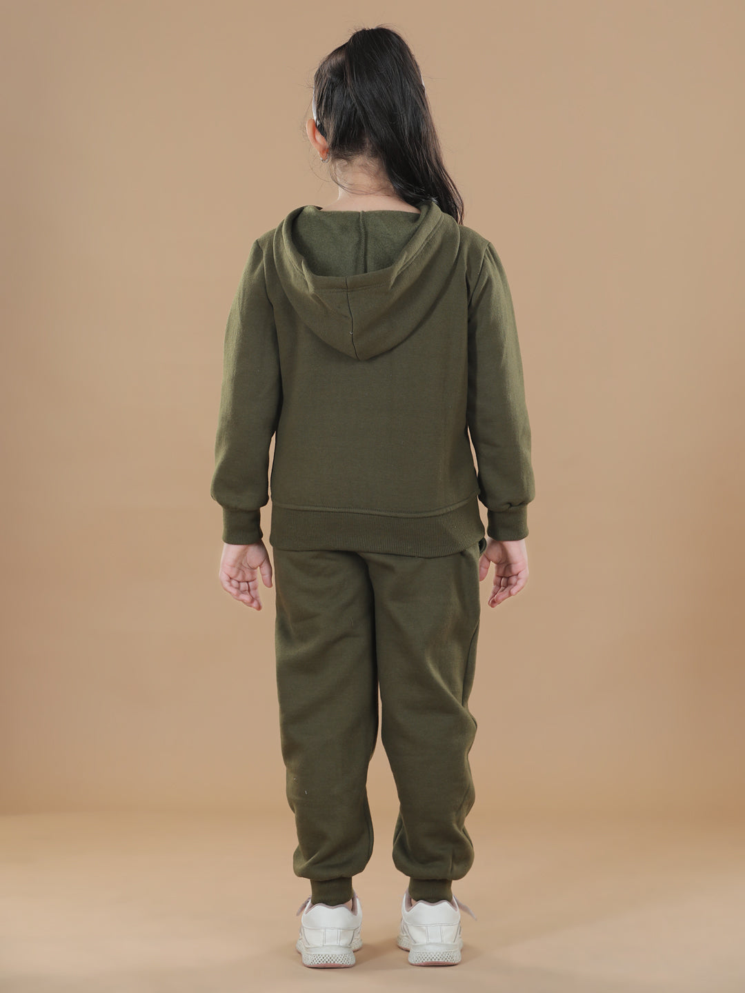 Girls Olive Zebra Printed Hooded Track Suit Set